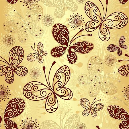 Gold and brown seamless pattern with lacy butterflies (vector) Photographie de stock - Aubaine LD & Abonnement, Code: 400-06477845