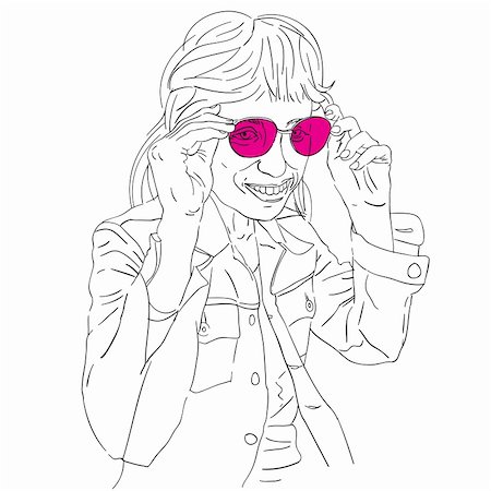 Hand drawn funny girl with pink sunglasses, doodle isolated on white Foto de stock - Super Valor sin royalties y Suscripción, Código: 400-06478209