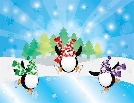 simsearch:400-07218423,k - Three Christmas Penguins Ice Skating in Ice Rink Winter Scene with Trees Snowflakes and Sun Rays Background Illustration Stockbilder - Microstock & Abonnement, Bildnummer: 400-06478257
