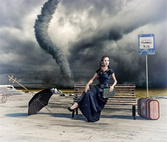 woman,waiting a bus and tornado (photo and hand-drawing elements compilation) Stock Photo - Royalty-Free, Artist: vicnt, Image code: 400-06478497