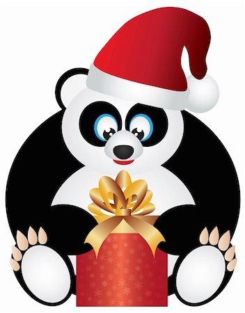 simsearch:400-05742476,k - Christmas Panda Sitting with Santa Hat Opening Presents Illustration Isolated on White Background Photographie de stock - Aubaine LD & Abonnement, Code: 400-06478953