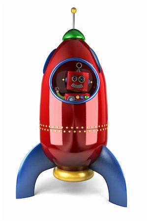 spaceships - Happy vintage toy robot waving from inside a toy rocket over white background Stock Photo - Budget Royalty-Free & Subscription, Code: 400-06479155
