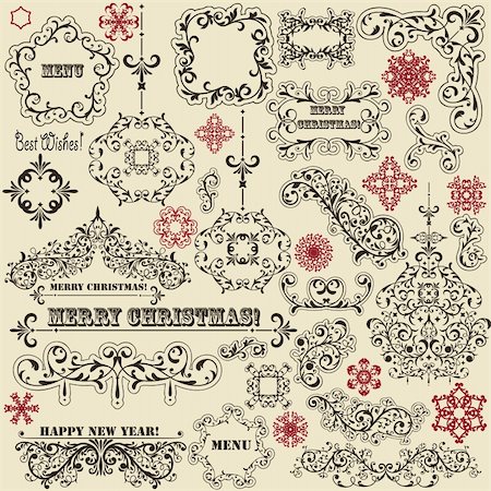 simsearch:400-07256607,k - vector vintage holiday floral  design elements  and snowflakes, fully editable eps 8 file, standard AI fonts: rosewood std, stencil std bold, eccentric std, gyddyup std Stock Photo - Budget Royalty-Free & Subscription, Code: 400-06479998