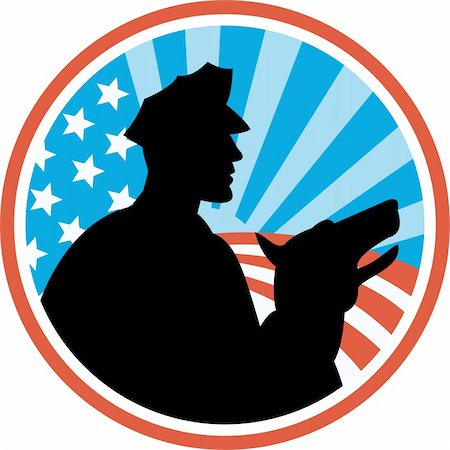 Illustration of a policeman security guard with police dog with American stars and stripes set inside circle done in retro style. Stock Photo - Budget Royalty-Free & Subscription, Code: 400-06471973
