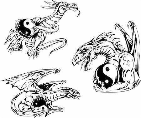 power symbol chinese - Dragon tattoos with yin-yang signs. Set of vector illustrations. Stock Photo - Budget Royalty-Free & Subscription, Code: 400-06472113