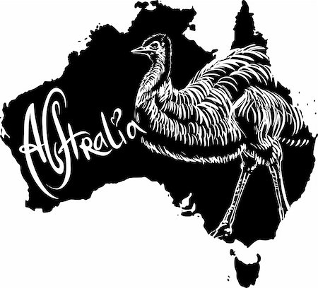 Emu (Dromaius novaehollandiae) on map of Australia. Black and white vector illustration. Photographie de stock - Aubaine LD & Abonnement, Code: 400-06472144