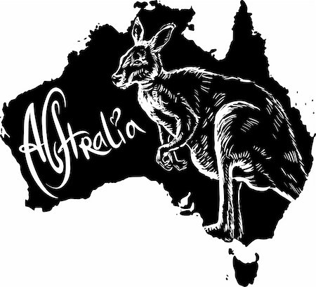 simsearch:400-04455504,k - Kangaroo on map of Australia. Black and white vector illustration. Stock Photo - Budget Royalty-Free & Subscription, Code: 400-06472146
