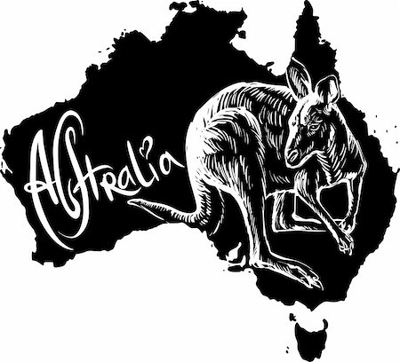simsearch:400-04455504,k - Kangaroo on map of Australia. Black and white vector illustration. Stock Photo - Budget Royalty-Free & Subscription, Code: 400-06472147