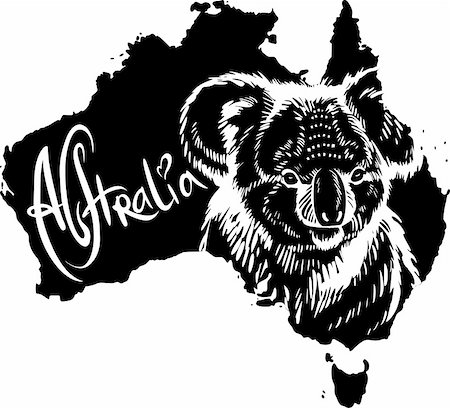 Koala (Phascolarctos cinereus) on map of Australia. Black and white vector illustration. Photographie de stock - Aubaine LD & Abonnement, Code: 400-06472148