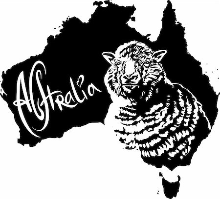 Merino ewe on map of Australia. Black and white vector illustration. Photographie de stock - Aubaine LD & Abonnement, Code: 400-06472149