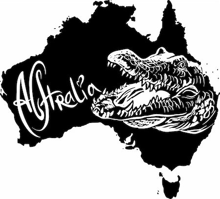 Crocodile on map of Australia. Black and white vector illustration. Stock Photo - Budget Royalty-Free & Subscription, Code: 400-06472140