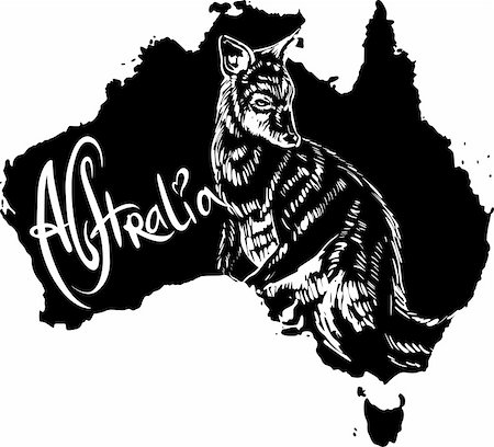 Wallaby on map of Australia. Black and white vector illustration. Fotografie stock - Microstock e Abbonamento, Codice: 400-06472157