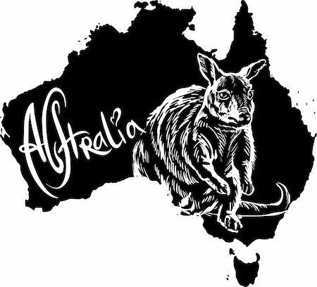 Wallaby on map of Australia. Black and white vector illustration. Fotografie stock - Microstock e Abbonamento, Codice: 400-06472158