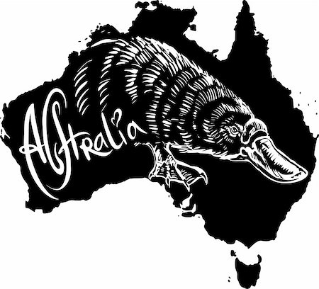 Platypus (Ornithorhynchus anatinus) on map of Australia. Black and white vector illustration. Photographie de stock - Aubaine LD & Abonnement, Code: 400-06472153