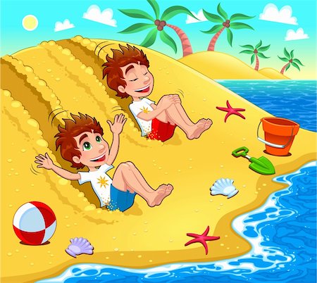 Twins are playing on the beach. Vector and cartoon illustration. Stock Photo - Budget Royalty-Free & Subscription, Code: 400-06472332