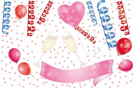 simsearch:400-04288408,k - Filled champagne glasses, ribbons and balloons with banner for text placement Stock Photo - Budget Royalty-Free & Subscription, Code: 400-06472410