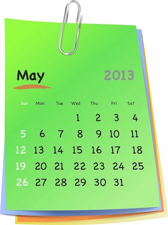 Calendar for may 2013 on colorful sticky notes attached with metallic clip. Sundays first. Vector illustration Photographie de stock - Aubaine LD & Abonnement, Code: 400-06472493