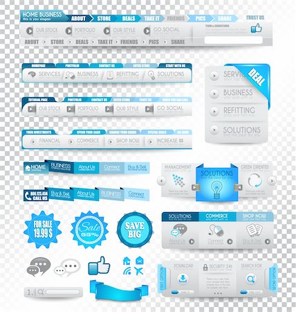 Collection of web elements, menu item, carousel, icons, ribbons, template for headers, footers,bar, side bar and so on. All in blue tones. Stock Photo - Budget Royalty-Free & Subscription, Code: 400-06472615