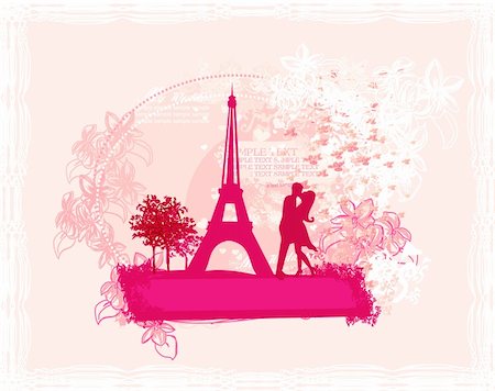 Romantic couple in Paris kissing near the Eiffel Tower. Retro card. Stockbilder - Microstock & Abonnement, Bildnummer: 400-06472777