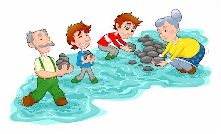 pesca mediante encañizadas - Family is making a little dam with stones.  Vector and cartoon illustration. Foto de stock - Super Valor sin royalties y Suscripción, Código: 400-06472918