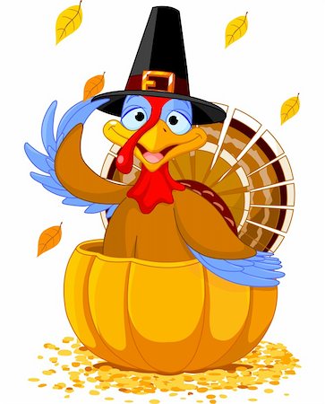 Illustration of a Thanksgiving turkey with pilgrim hat in the  pumpkin Stock Photo - Budget Royalty-Free & Subscription, Code: 400-06473020