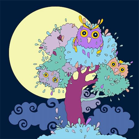 simsearch:400-07033341,k - Owls in tree. Vector funny cartoon illustration. Foto de stock - Super Valor sin royalties y Suscripción, Código: 400-06473044