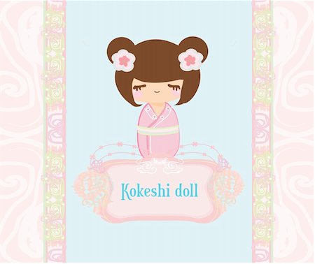 Kokeshi doll on the pink background with floral ornament Stockbilder - Microstock & Abonnement, Bildnummer: 400-06473048