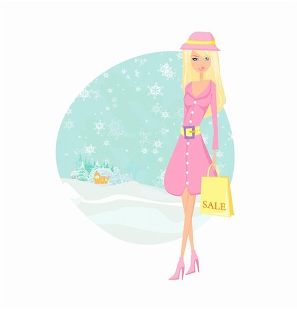 fashion winter girl with shopping bags on winter landscape Stockbilder - Microstock & Abonnement, Bildnummer: 400-06473050