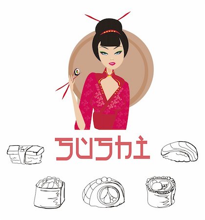 beautiful Asian girl enjoy sushi - menu template Stockbilder - Microstock & Abonnement, Bildnummer: 400-06473052