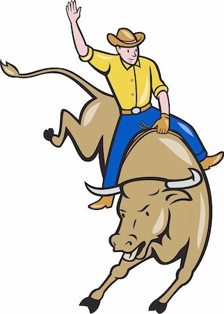 ranchers - Illustration of rodeo cowboy riding bucking bull on isolated white background done in cartoon style. Stock Photo - Budget Royalty-Free & Subscription, Code: 400-06473119