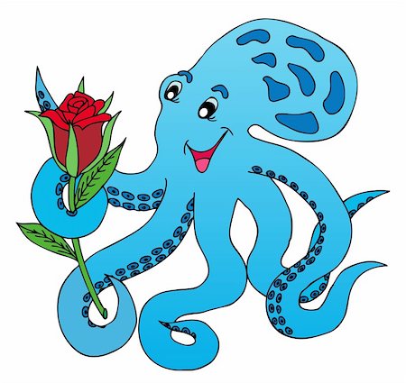 Blue octopus with rose - vector illustration. Foto de stock - Royalty-Free Super Valor e Assinatura, Número: 400-06473701