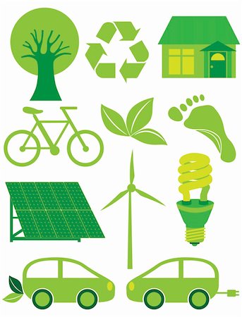 Go Green Eco Symbols with Tree Recycle Leaf Footprint Bicycle Solar Panels Windmill Electric Car and Bulb Illustration Stock Photo - Budget Royalty-Free & Subscription, Code: 400-06473858
