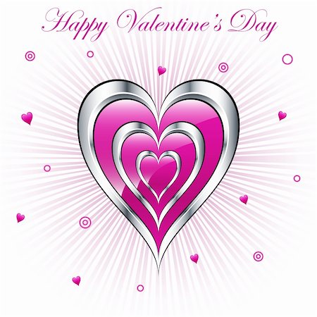 simsearch:400-05736913,k - Valentine pink and silver triple hearts with a subtle sunburst background, decorated with small hearts and circles. Photographie de stock - Aubaine LD & Abonnement, Code: 400-06473941