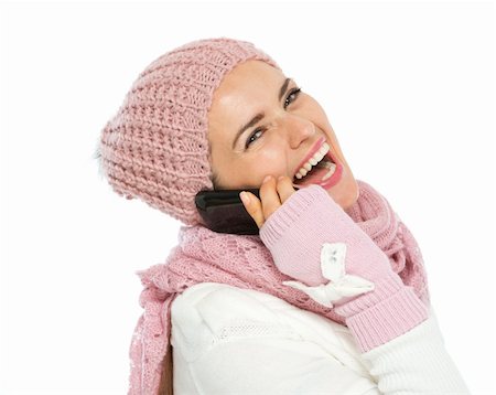 simsearch:400-04596625,k - Happy woman in knit winter clothing speaking mobile Stock Photo - Budget Royalty-Free & Subscription, Code: 400-06484471