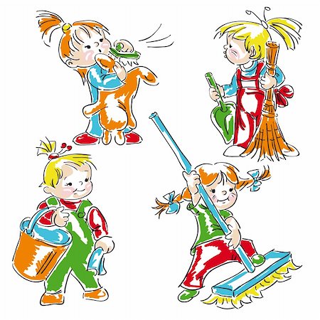 domestic housework cartoon - Children cleans in the house. Stock Photo - Budget Royalty-Free & Subscription, Code: 400-06484606