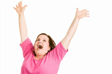 Pretty plus sized woman raising her arms in ecstasy.  Isolated on white. Stock Photo - Budget Royalty-Free & Subscription, Code: 400-06484917