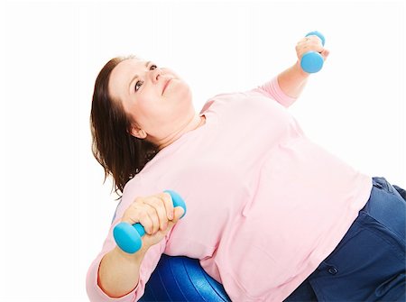 fat women exercise on ball - Pretty, overweight woman doing pilates to get in shape.  Isolated on white background. Foto de stock - Super Valor sin royalties y Suscripción, Código: 400-06484912