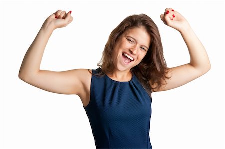 ruigsantos (artist) - Young brunette smiling with her arms up in the air, isolated in a white background Fotografie stock - Microstock e Abbonamento, Codice: 400-06480018