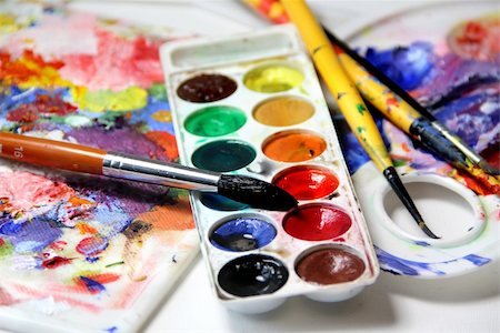 Art palette, watercolors, brushes and water Stock Photo - Budget Royalty-Free & Subscription, Code: 400-06480697