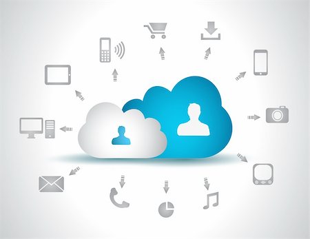 Cloud Computing concept background with a lot of icons: tablet, smartphone, computer, desktop, monitor, music, downloads and so on Stock Photo - Budget Royalty-Free & Subscription, Code: 400-06480899