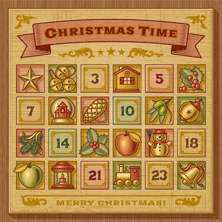 Vintage Christmas advent calendar in woodcut style. EPS10 vector illustration. Stock Photo - Budget Royalty-Free & Subscription, Code: 400-06481446