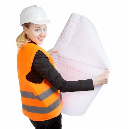 engineer woman with drawing turn out, isolated on white Stockbilder - Microstock & Abonnement, Bildnummer: 400-06481735