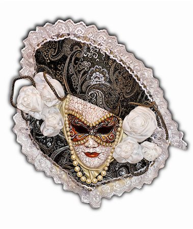 Carnival mask decorated with beads and lace fabric, is shown on a white background. Stock Photo - Budget Royalty-Free & Subscription, Code: 400-06483412