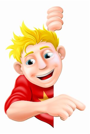 An illustration of a cool friendly young man character behind a sign or banner pointing a finger at it Stock Photo - Budget Royalty-Free & Subscription, Code: 400-06483594