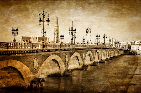 Bordeaux river bridge with St Michel cathedral vintage Stock Photo - Budget Royalty-Free & Subscription, Code: 400-06483811