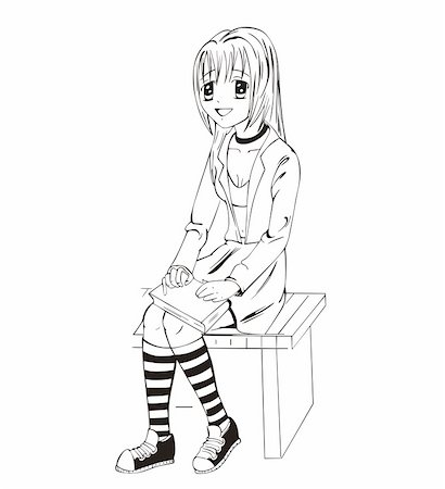 Anime schoolgirl sitting. Black and white vector illustration. Stockbilder - Microstock & Abonnement, Bildnummer: 400-06514066