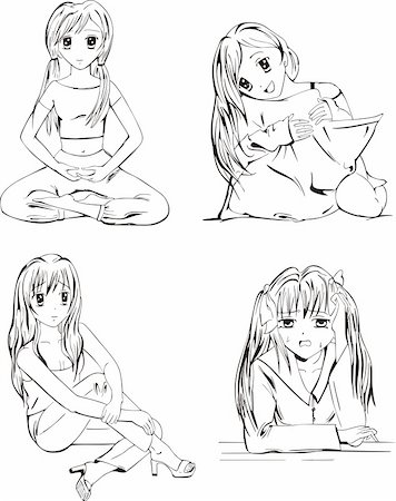 Set of anime girls. Black and white vector illustration. Photographie de stock - Aubaine LD & Abonnement, Code: 400-06514068
