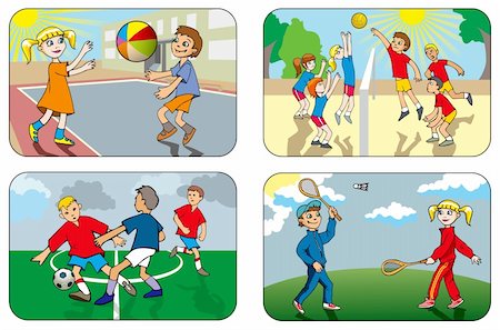 football court images - Children play different outdoor games, volleyball, soccer, badminton, vector illustration Stock Photo - Budget Royalty-Free & Subscription, Code: 400-06514378