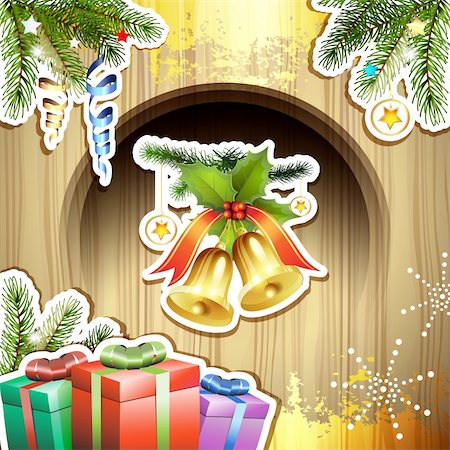 simsearch:400-06514635,k - Wood background with Christmas bells and gifts Photographie de stock - Aubaine LD & Abonnement, Code: 400-06514634