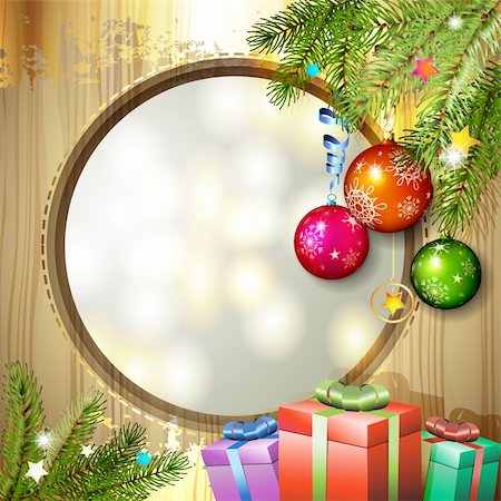 simsearch:400-06514635,k - Wood background with Christmas balls and gifts Photographie de stock - Aubaine LD & Abonnement, Code: 400-06514635